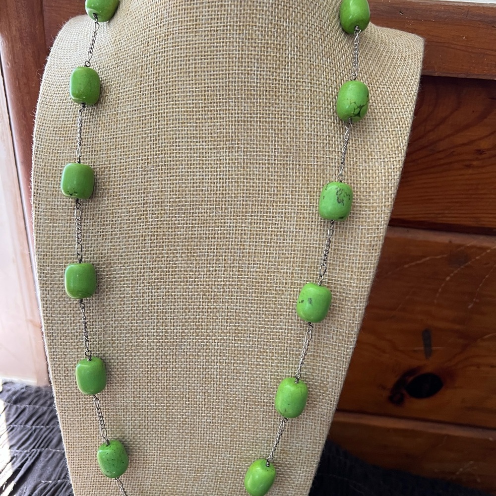 Vibrant Lime Green Stone Sterling Silver Wire Wrapped Chain Necklace